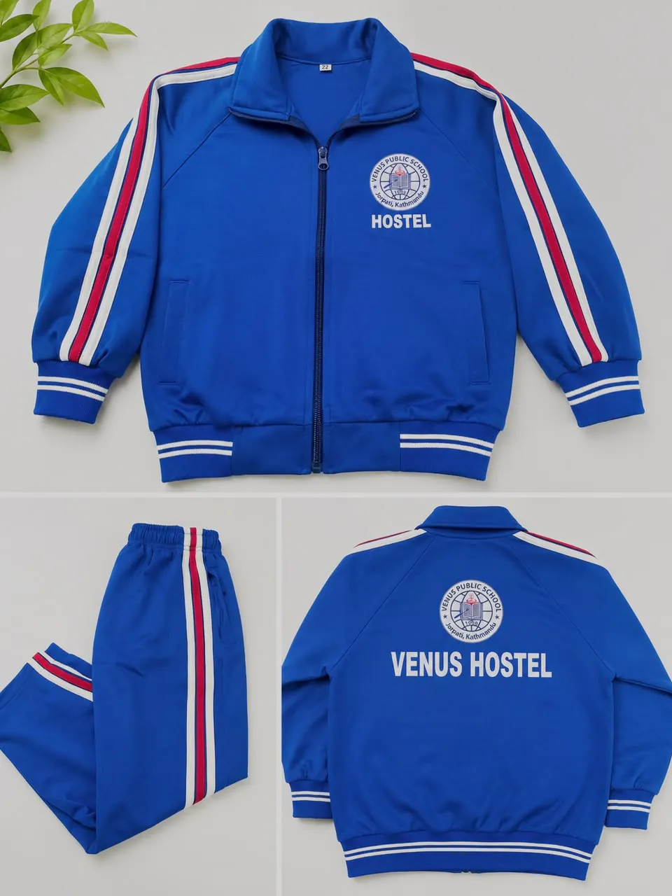 Blue Venus hostel tracksuit collage showing the jacket front, matching trousers and jacket back