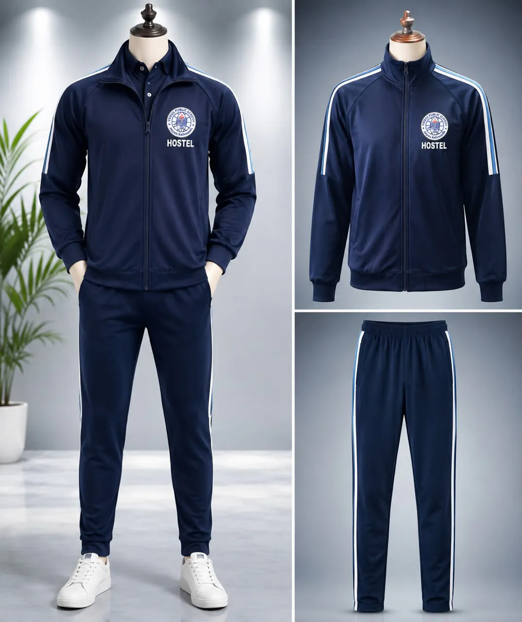 Navy Venus Public School hostel tracksuit collage showing the full outfit, jacket and trousers
