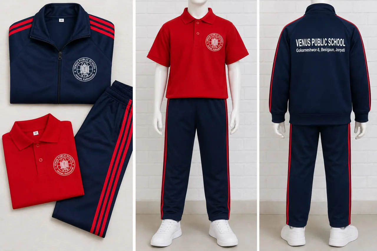 Venus Public School sports uniform collage with a red polo, navy track trousers and navy jacket shown front and back