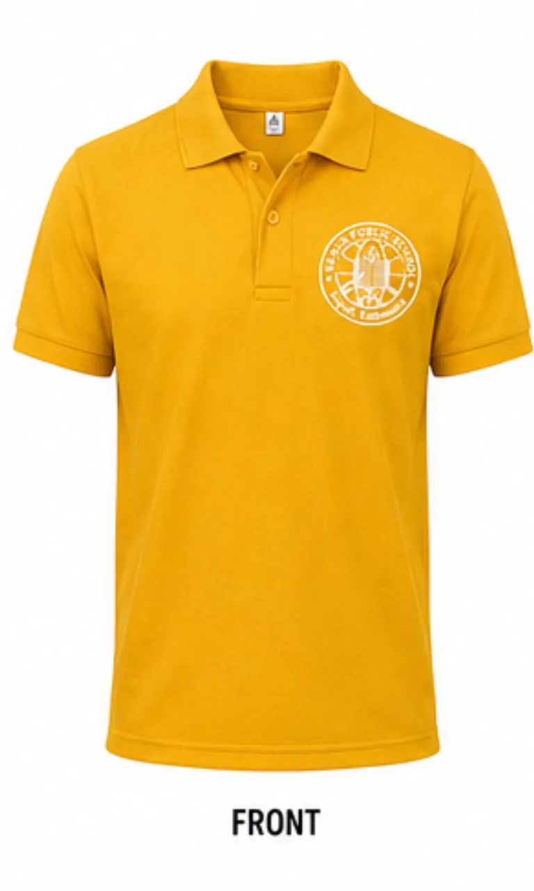 Front view of a mustard-yellow Venus Public School polo with a white circular chest crest