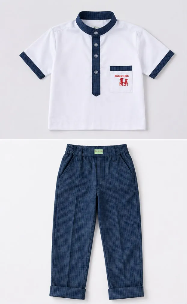 White short-sleeve school shirt with navy checked trim and matching checked trousers
